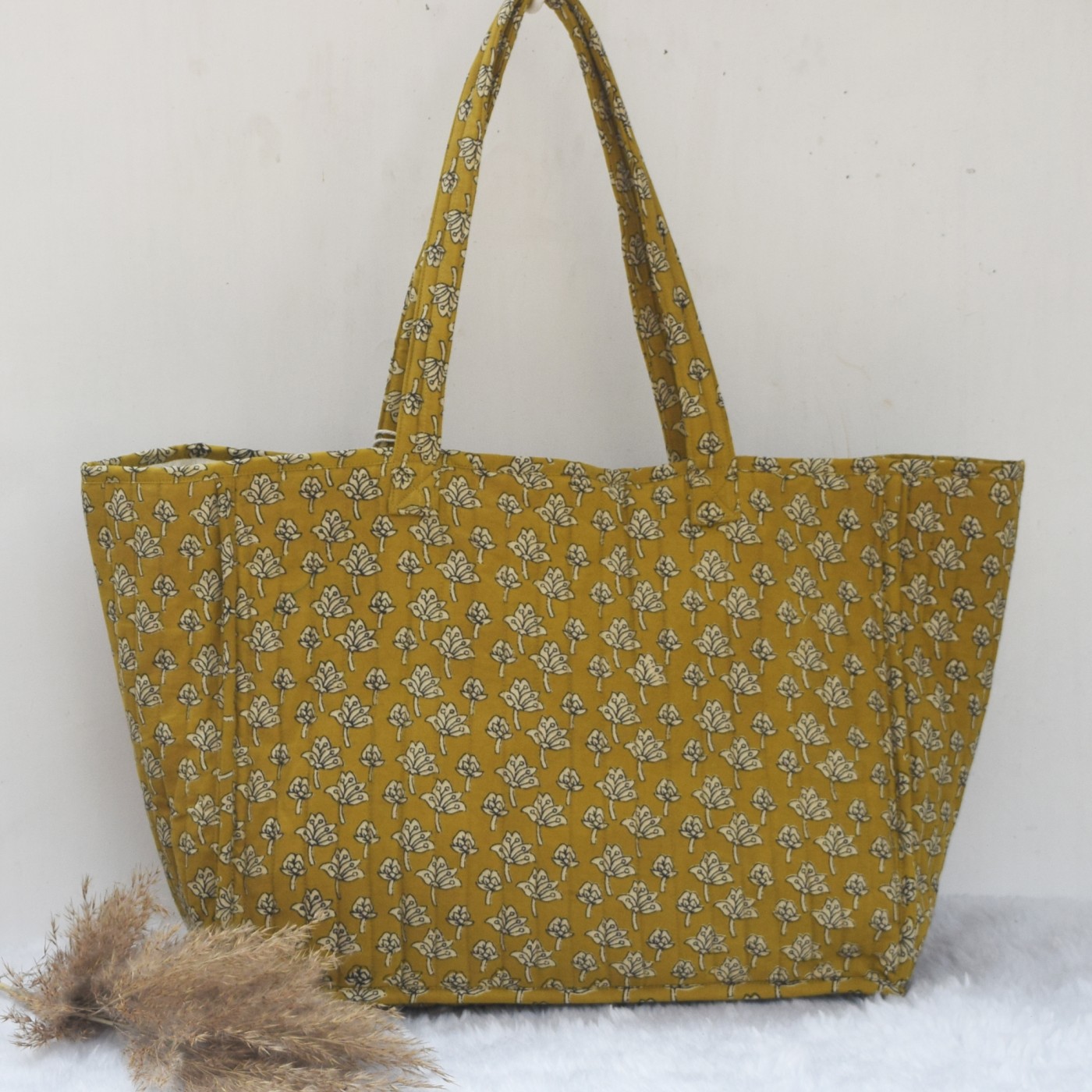 Handmade mustard cotton tote bag with white floral block print and inner pocket – eco-friendly shopping or travel bag