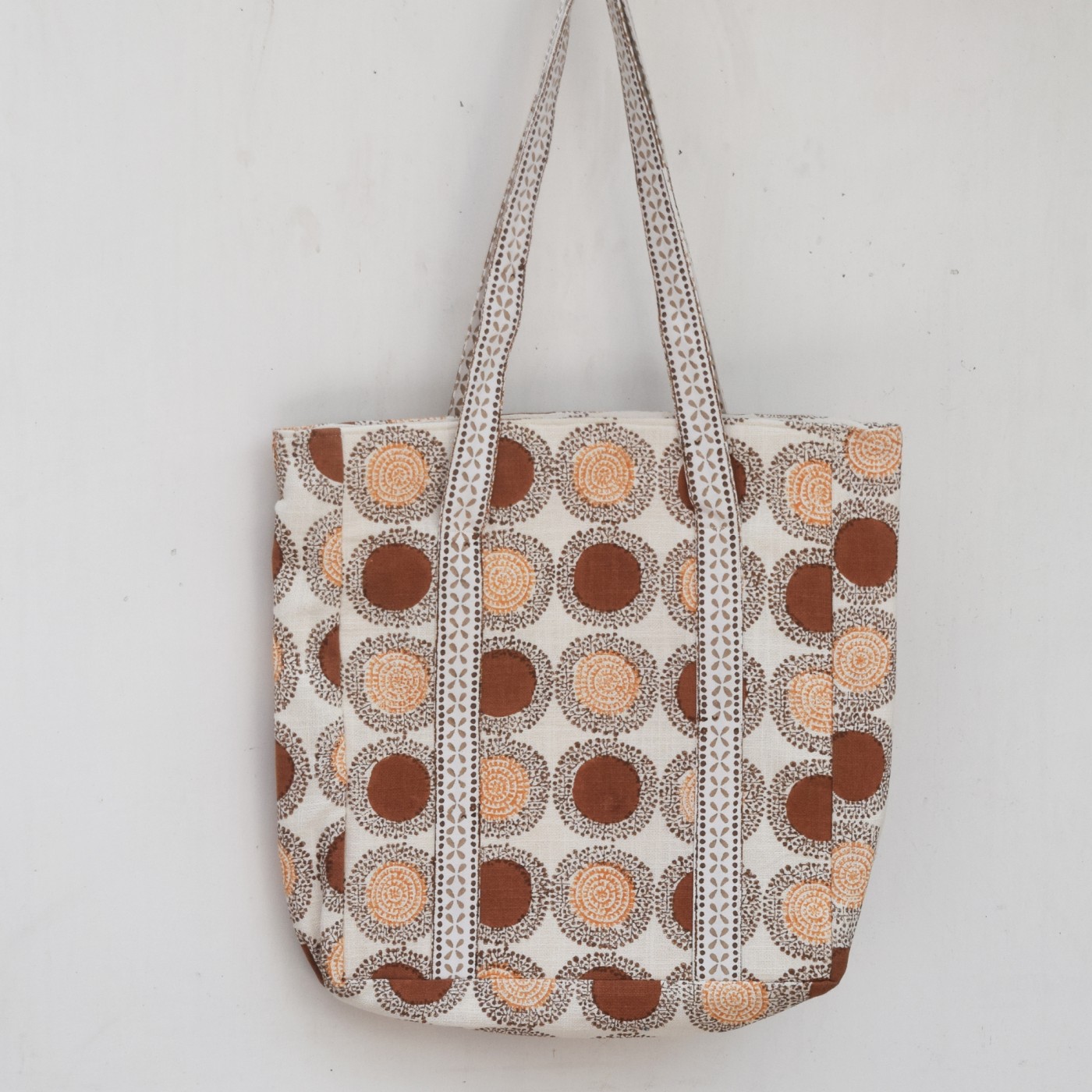 Brown and Orange Block Print Canvas Tote Bag with Long Handles – Handmade Eco-Friendly Indian Bag