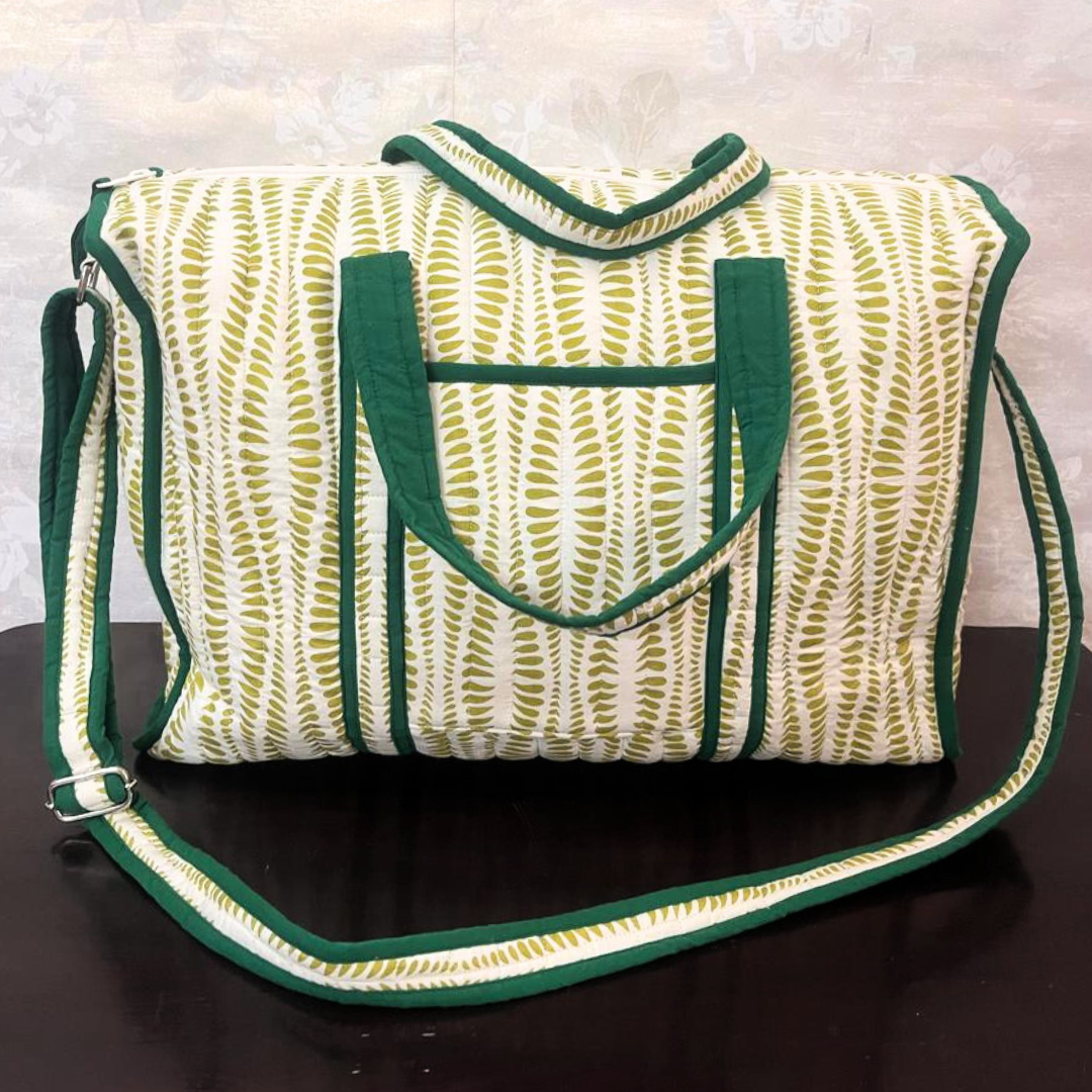 Hand block printed green quilted cotton duffle bag with long strap – ideal for travel and gym