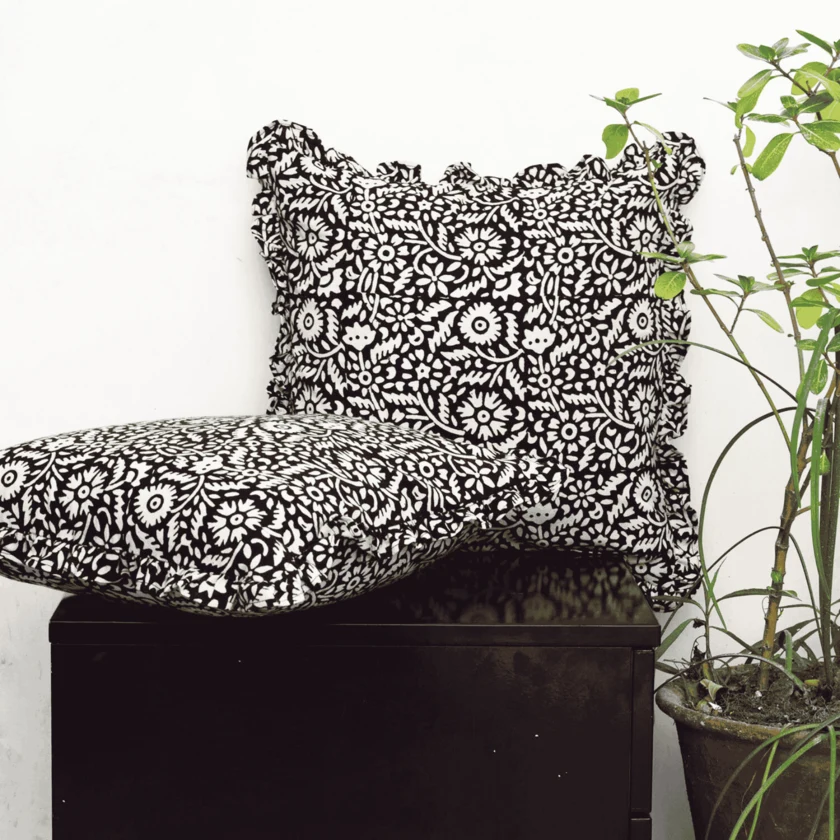 Black Floral Print Cushion- Pure Cotton Cushion- 40x40cm