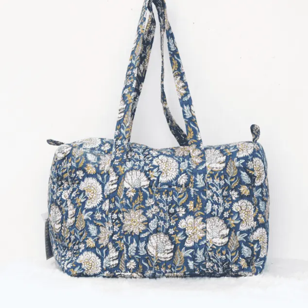 Blue Floral Print Weekend Bag- Quilted Travel Bag- Pure Cotton- Big Weekend Bag