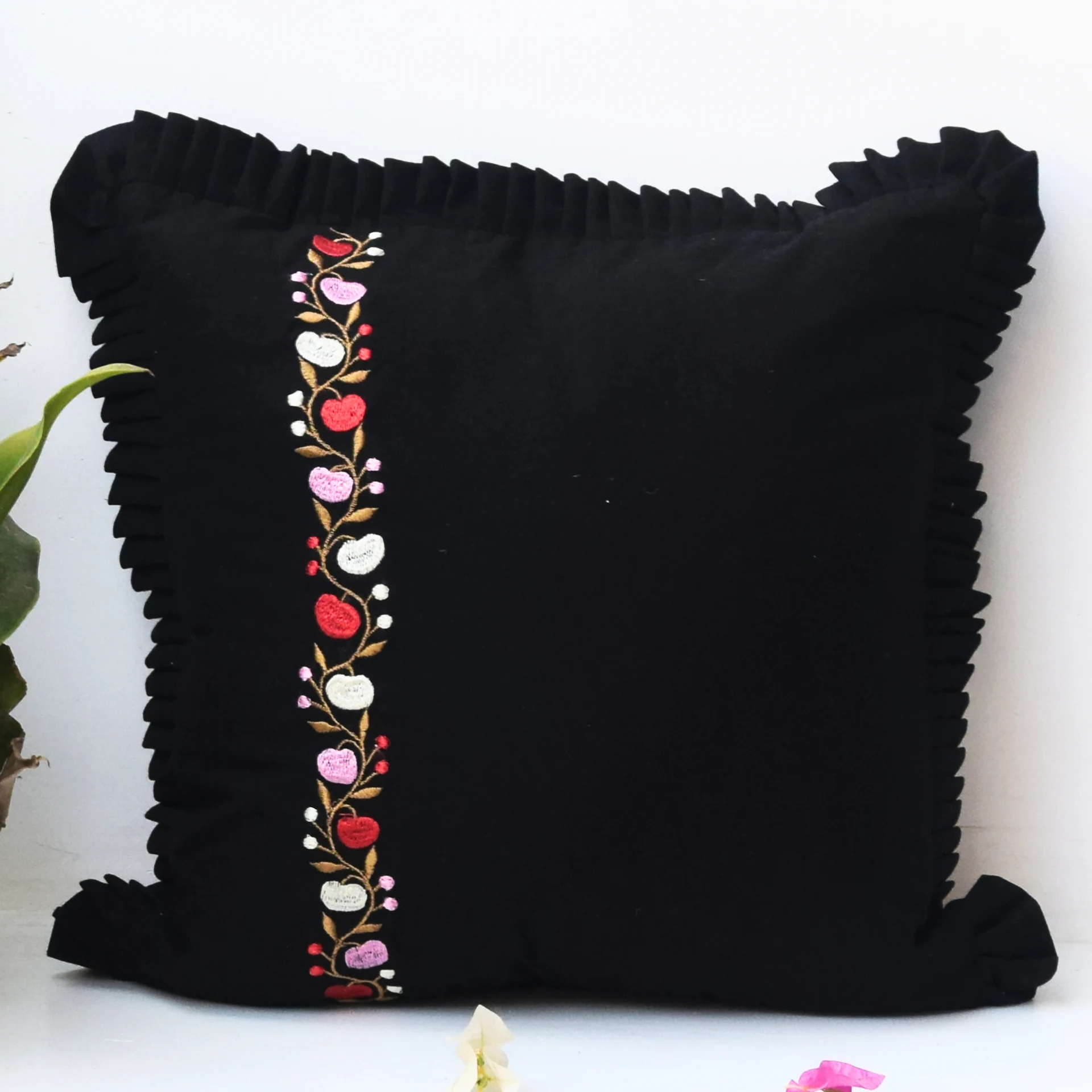 Black Embroidered Cushion Cover- Pure Cotton Cushion- 40x40cm