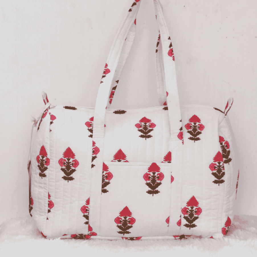 Pink Floral Butta Print Weekend Bag- Quilted Travel Bag- Big Weekend Bag