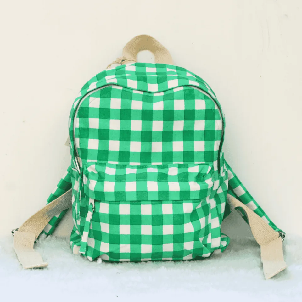 Green Checks Small Backpack- Canvas School Bag- Backpack For Kids- Unisex Backpack