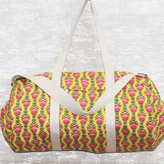 Yellow Floral Print Bowling Bag- Canvas Travel Bag- Big Travel Bag
