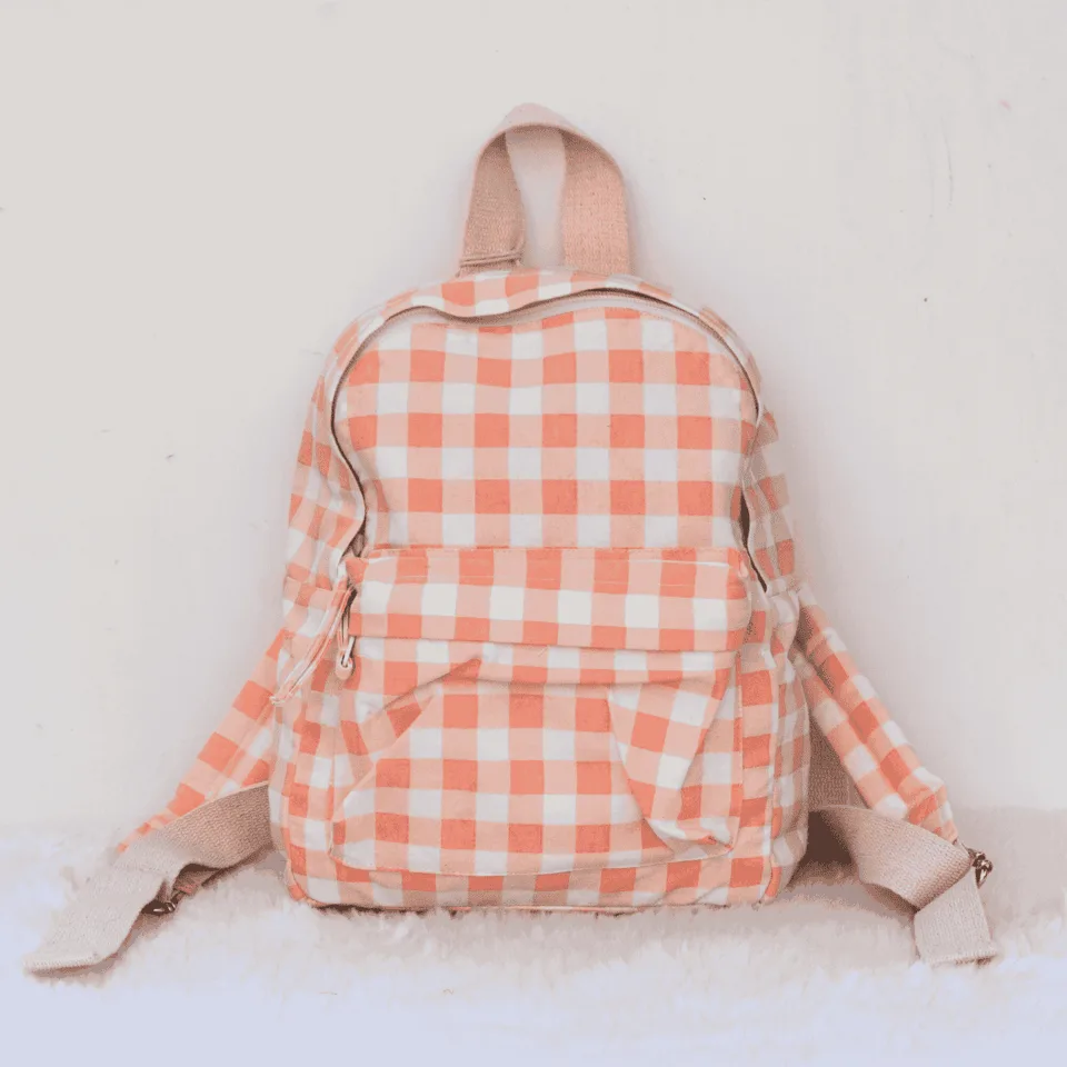 Peach Checks Kids Backpack- Canvas School Bag- Unisex Backpack- Small Backpack