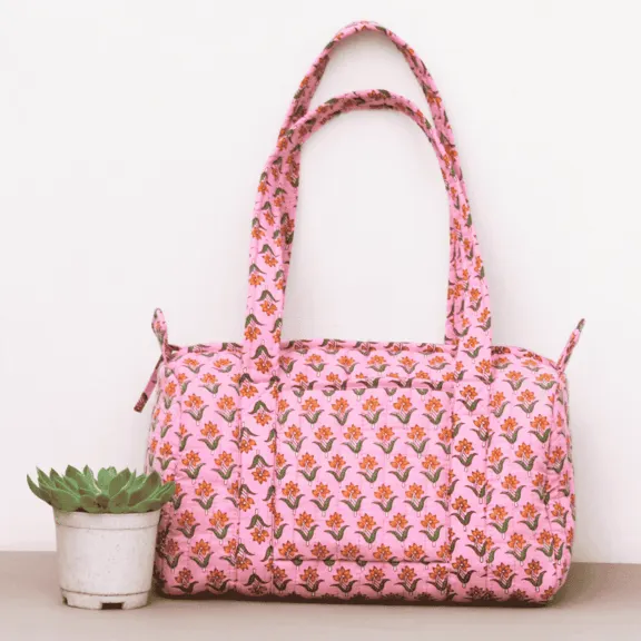 Pink Floral Print Weekend Bag- Small Weekend Bag- Quilted Travel Bag