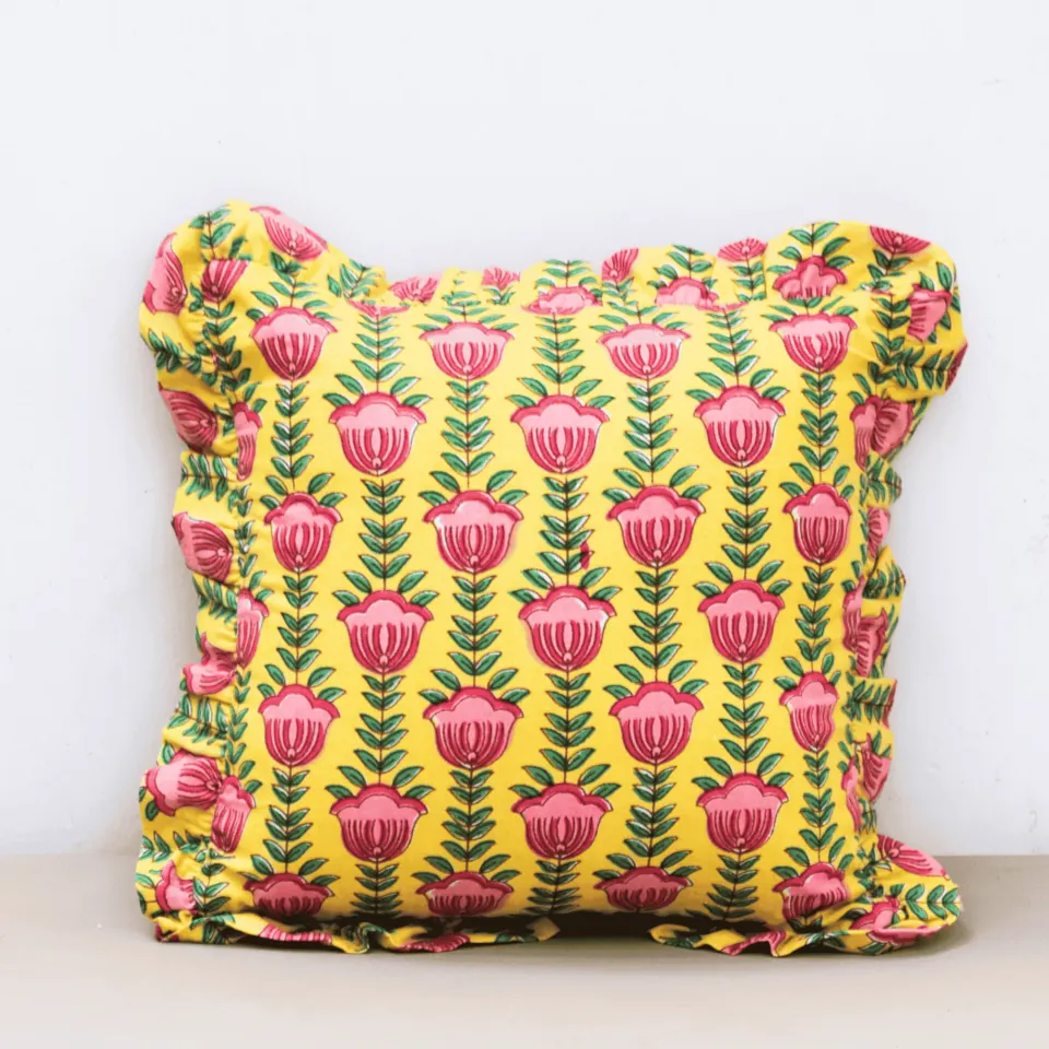 Yellow Floral Print Cushion- 30x30cm- Pure Cotton Cushion